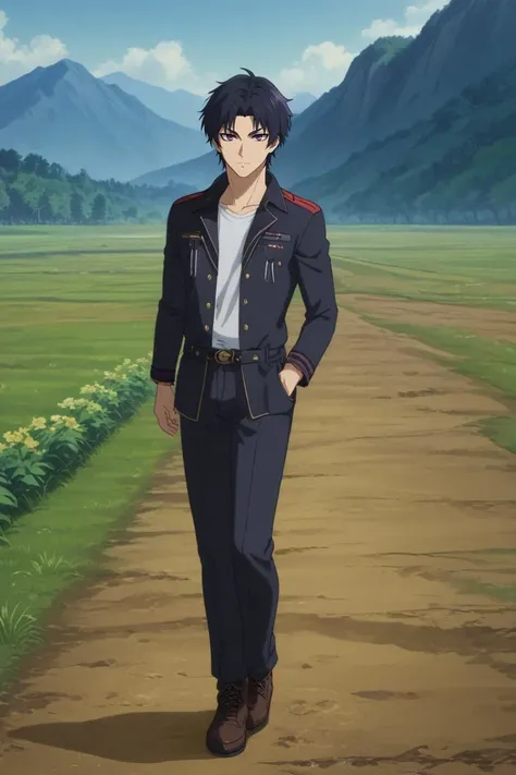 a man in uniform walking down a dirt road in a field