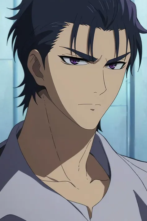 a man with black hair and purple eyes in a white shirt