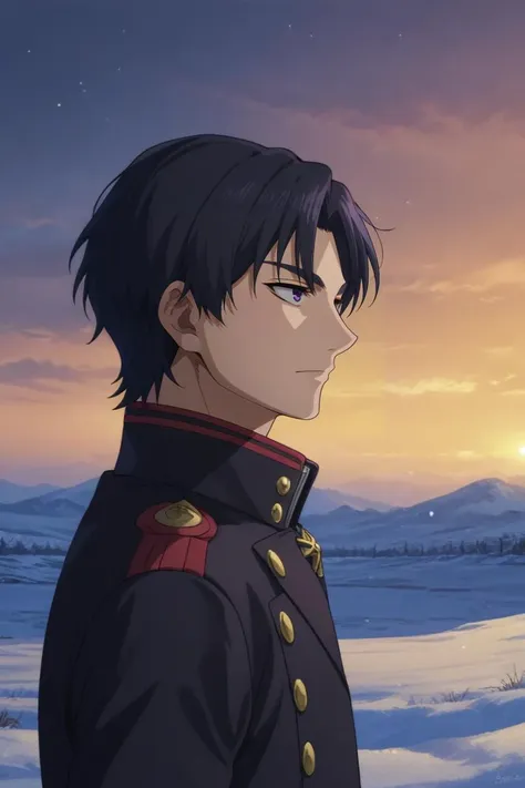 a man in uniform standing in the snow with a sunset behind him