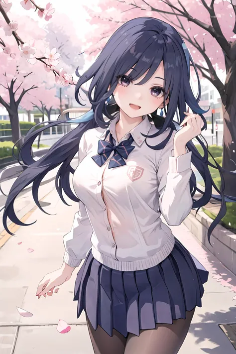 1girl, clorinde (genshin impact), solo, school uniform, white collared shirt, sweater, pleated skirt, black pantyhose, light smile, double v, looking at viewer, smile, open mouth, outdoors, street, cherry blossoms, petals, depth of field, masterpiece