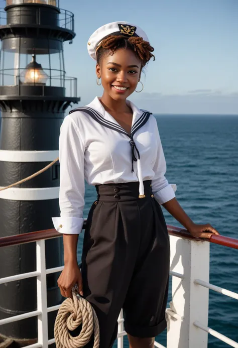 (medium full shot) of (dashing sailor) young woman, black american, dark skin, light brown eyes, busty build, short ginger messy...