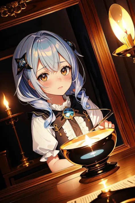 anime girl with blue hair and a bowl of soup