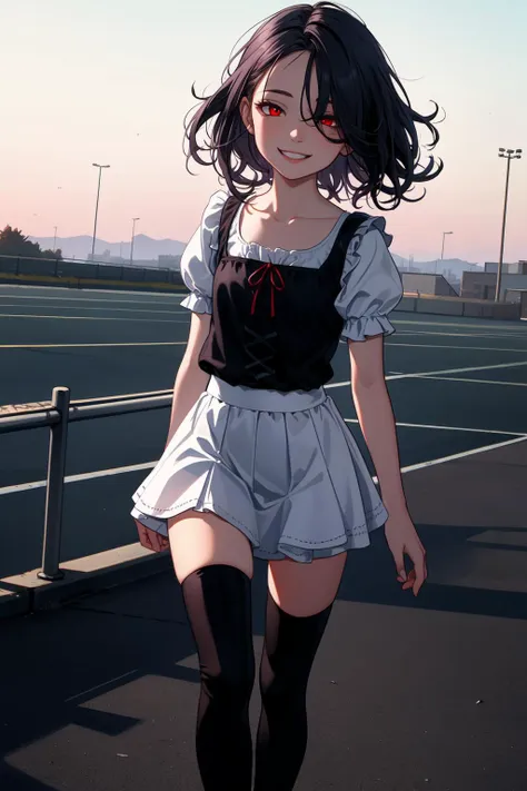 anime girl with black hair and red eyes walking on a tennis court