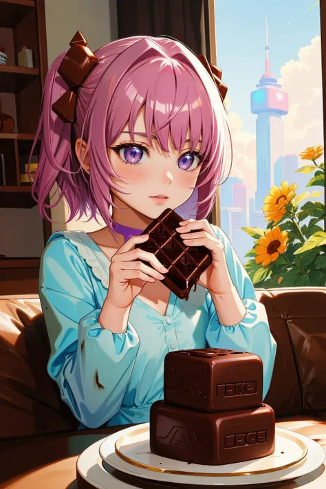 anime girl eating chocolate with a chocolate block on a plate