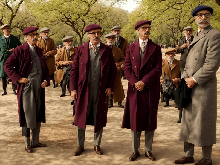 several men in coats and hats are standing in a park