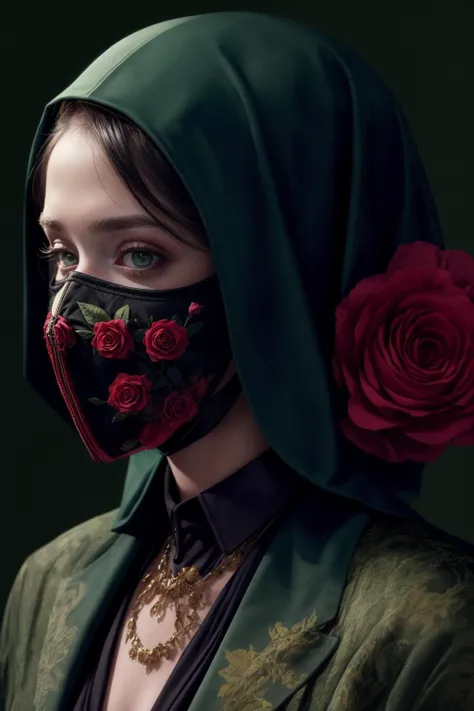 a person wearing a mask and flowers on a cover of a magazine with a green background and a green background, Clark Voorhees, vogue, an album cover, aestheticism, <lora:add_detail:1>