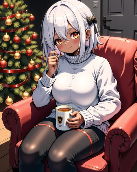 1girl, white hair, dark skin, white sweater shirt, black thighhighs, sitting on sofa, holding a mug of hot cocoa, indoors,