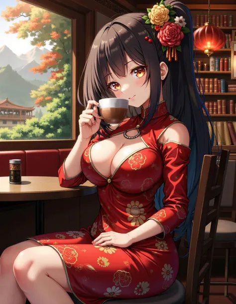 1girl holding cup in cafe,
cleavage,
china dress,