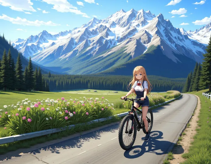 1girl,
riding bicycle, 
mountainous horizon,