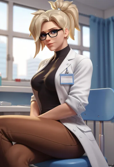 score_9,score_8_up,score_7_up,score_6_up ,source_overwatch <lora:overwatch_rule34_xl_pd_goofy_16:1>1girl, solo, mercy (overwatch), glasses, lab coat, hospital, indoors, sitting, stool, looking at viewer, shirt, depth of field, brown pants, black shirt, win...