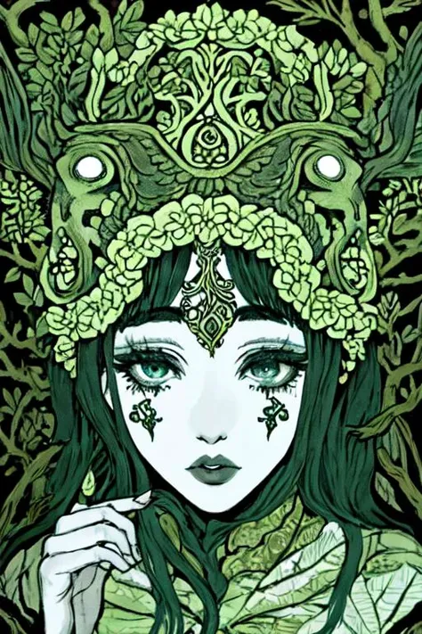 a drawing of a woman with green hair and a crown on her head