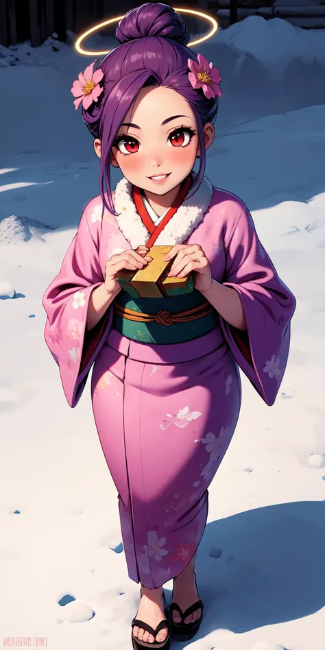 anime girl in kimono outfit with halo and flower in hand