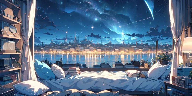 (masterpiece:1.2), best quality,PIXIV,cozy animation scenes,
scenery, night, window, no humans, sky, plant, night sky, pillow, cityscape, bed, star (sky), book, chair, cloud, bookshelf, city, lamp, building, indoors, potted plant, starry sky, city lights, ...