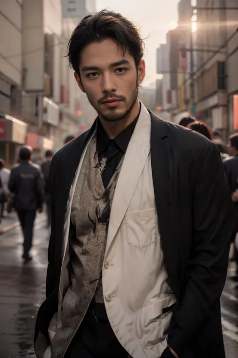 arafed man in a suit and tie standing in a city street