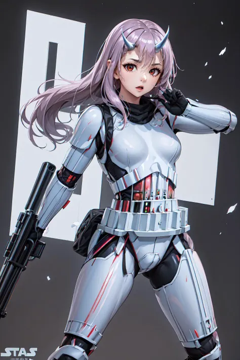 ShunaTensura, low-tied long hair, oni horns, <lora:Char_Slime_Shuna:1>, StormTrooper, armor, <lora:Outfit_StormtrooperArmor:0.9>, gun, holding gun, fighting stance,