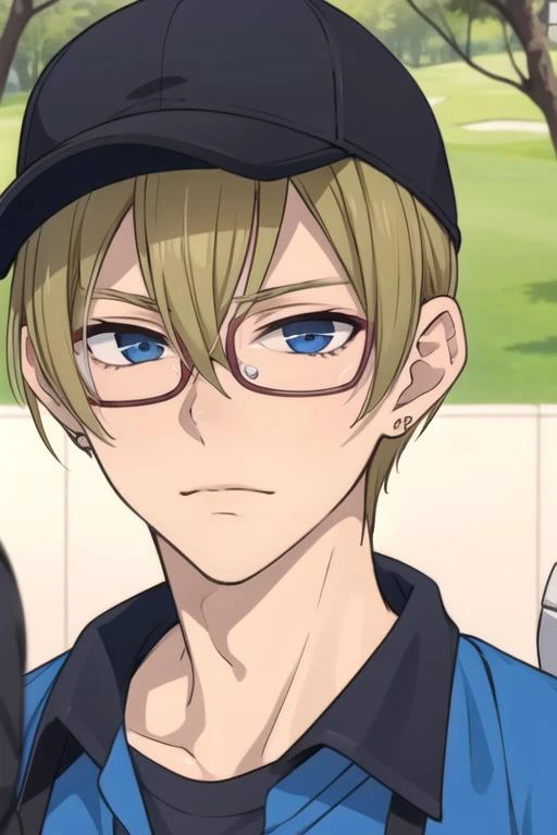 masterpiece, best quality, , 1boy, solo, male focus, looking at viewer, , depth of field, <lora:michiru_yanai:0.76>, michiru_yanai, blonde hair, blue eyes, hair between eyes, glasses, , golf cap, biopunk,