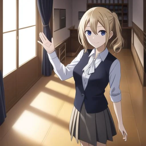 <hypernet:hayasaka-3900:0.7>,hayasaka ai,best quality, 1girl, standing, smile, waving hand, looking at viewer, skirt, classroom,