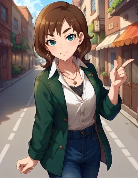 a woman in a green jacket and white shirt is pointing at something