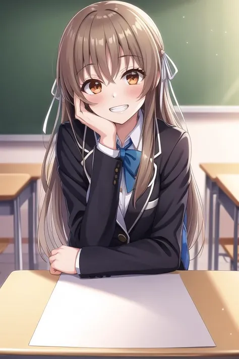 1girl, solo, masterpiece, best quality, absurdres, cute, ultra-detailed, perfect anatomy, <lora:shiina_yukari-000140:0.5>, shiina yukari, long hair, looking at viewer, blush, smile, open mouth, sitting, on chair, hair ribbon, solo focus, collared shirt, bo...