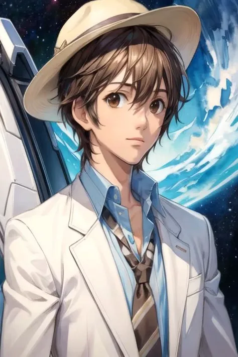 masterpiece, best quality, , 1boy, solo, male focus, looking at viewer, upper body, , (watercolor illustration, soft pastel colors:1.1), realistic, <lora:tadashi_karino:0.70>, tadashi_karino, brown hair, brown eyes, suit jacket, panama hat, space opera,