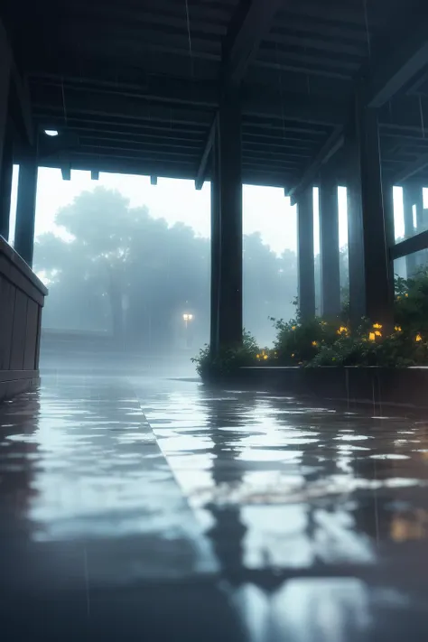 a close up of a wet floor with a building in the background