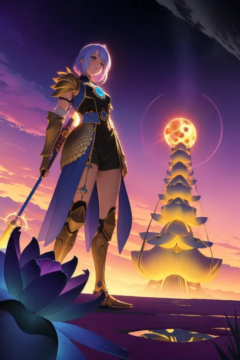 a woman in a purple outfit stands in front of a tower with a glowing ball