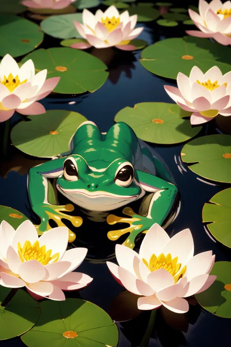 (masterpiece, best quality:1.2), extremely detailed, detailed hair, intricate details, finely detailed, soft lighting, volumetric lighting, no humans, close-up, (frog:1.2), pond, lotus, lotus pod, water, reflection, reflective water, lily pad,
