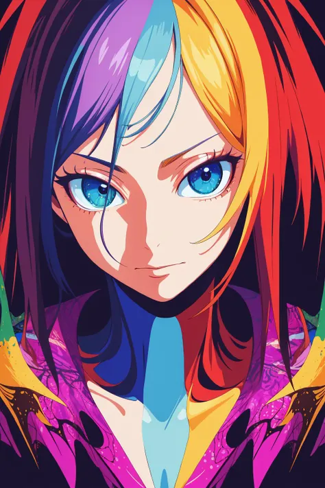 anime girl with colorful hair and blue eyes looking at the camera