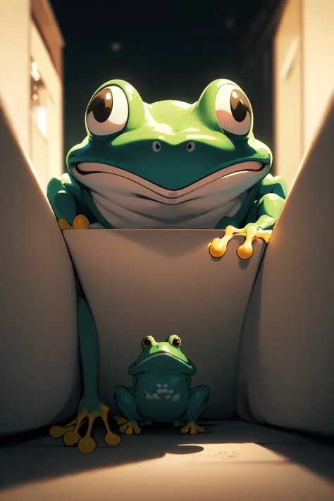 a close up of a frog sitting on a couch with a small frog