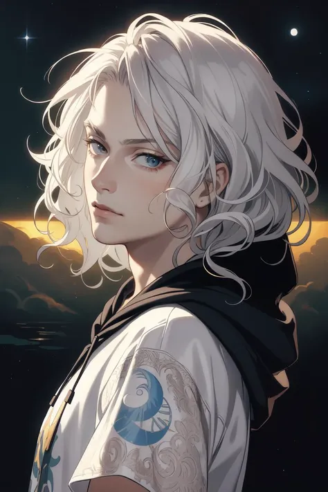 a woman with white hair and tattoos looks at the sky