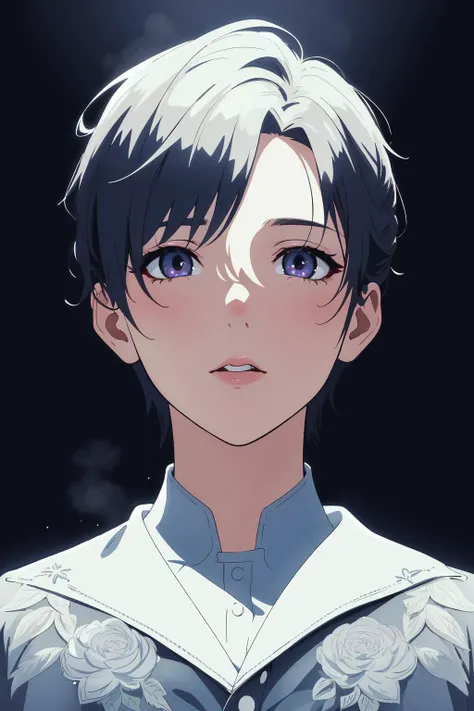 anime boy with blue eyes and white shirt staring at the camera