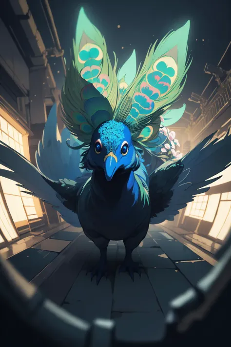 a bird with a blue head and green feathers standing in a room