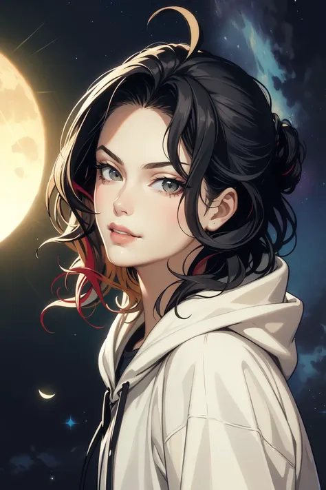 a woman with long black hair and a white hoodie looks at the moon