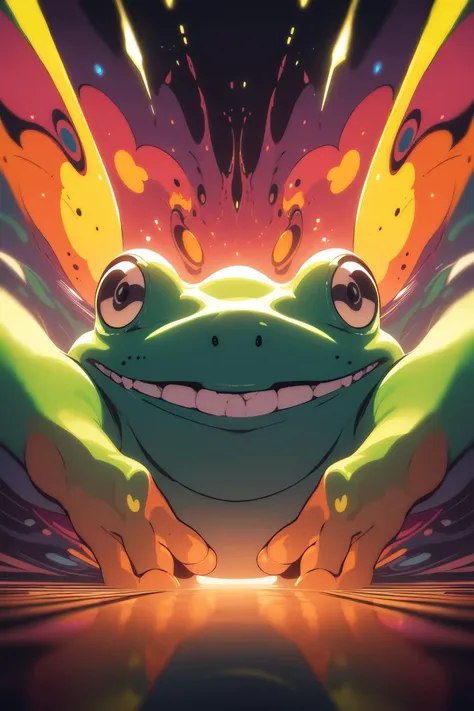 a cartoon frog with bright eyes and a big smile on its face