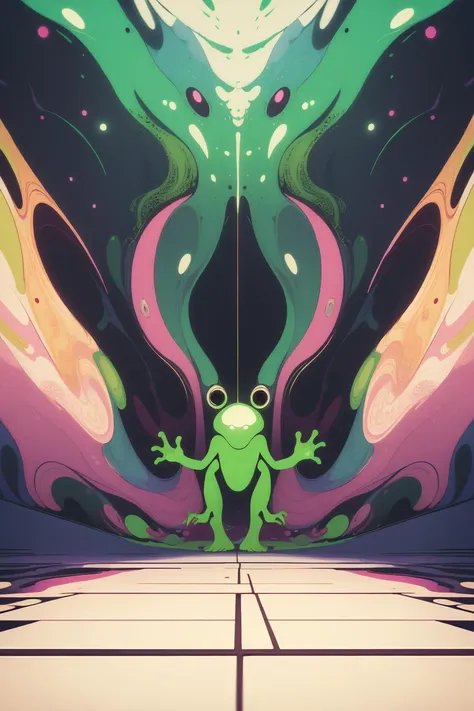 a close up of a cartoon frog standing in front of a colorful wall