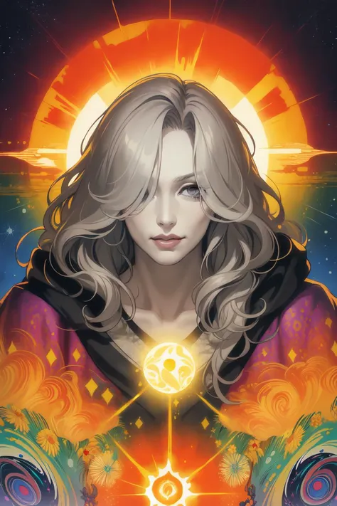 a woman with a star in her hand and a sun in the background