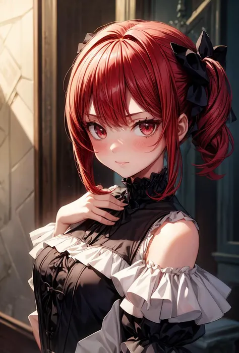 (masterpiece, best quality), 1girl, red hair, medium chest, gothic frill dress, pervert face, <lora:add_detail:1>