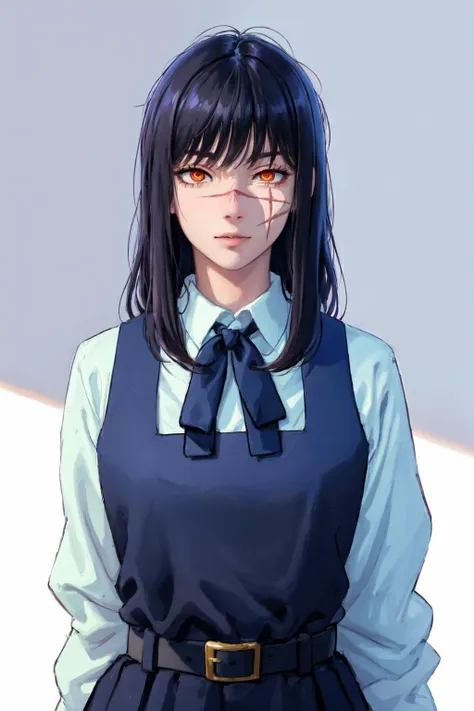 anime girl with black hair and blue dress and white shirt