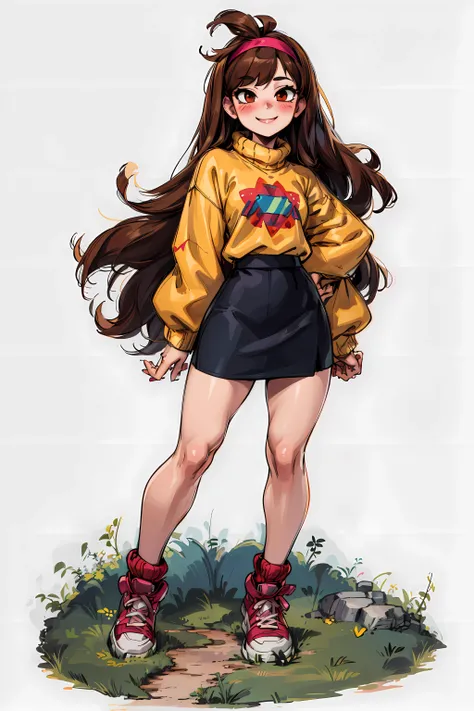 <lora:mabel-pines:0.7> mabel-pines, 1girl, solo, long_hair, smile, brown_hair, hairband, sweater, blush, (((full body))), skirt, adult, (((sfw)))