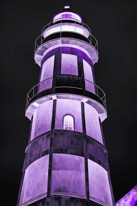 a close up of a light tower with a purple light on it