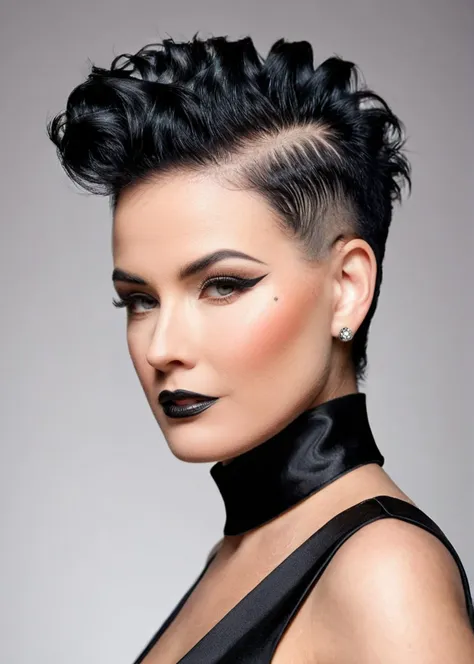 raw photo in the style of sin city, black hair styled mohawk, timeless elegance, classic aesthetic, dramatic contrasts, emphasiz...