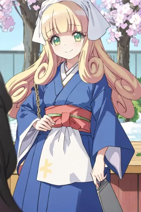 best quality, masterpiece, highres, solo, {poporon_jashinchandropkick:1.15}, blonde_hair, long_hair, bangs, green_eyes, blunt_bangs, 1girl, blue_kimono, closed_mouth, japanese_clothes, kimono, day, outdoors, looking_at_viewer, smile, upper_body