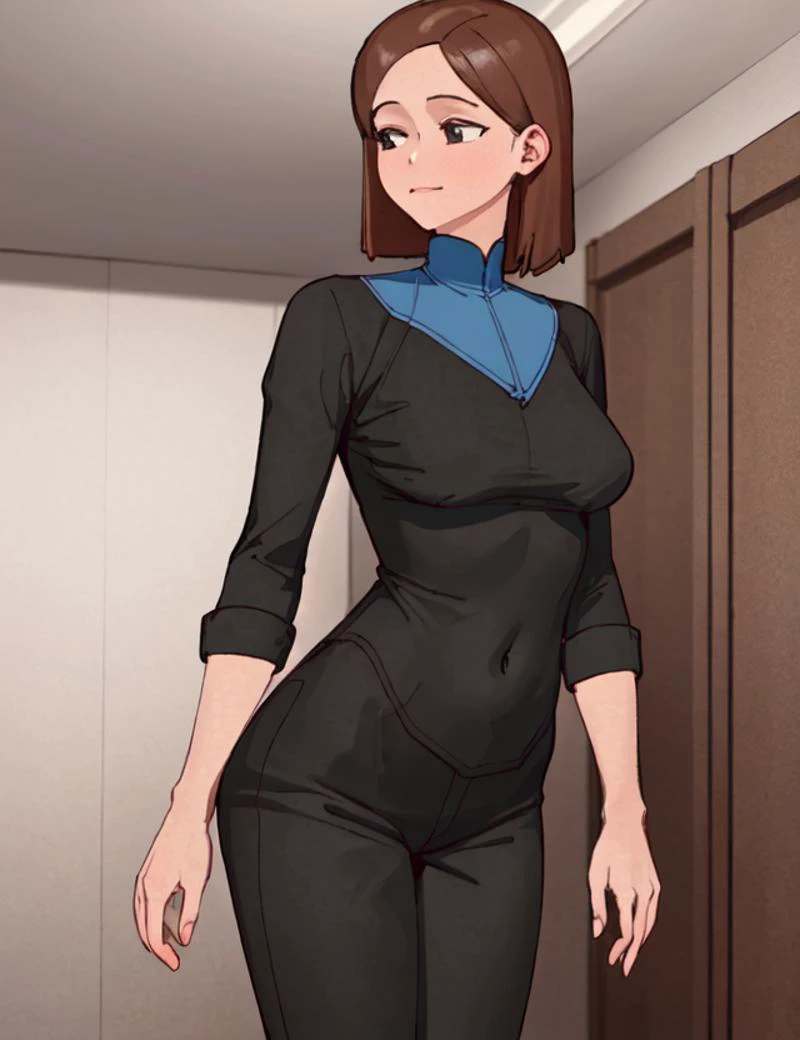 (masterpiece, best quality, hi res:1.2), 1girl, (solo:1.2),1girl, solo, champdelivery, black shirt, black pants, indoors, <lora:Machamp Delivery Girl-10:0.7>