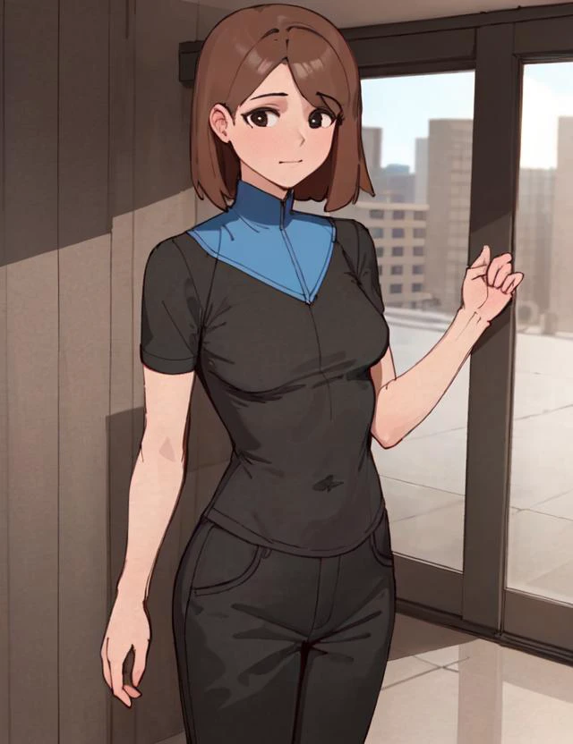 (masterpiece, best quality, hi res:1.2), 1girl, (solo:1.2),1girl, solo, champdelivery, black shirt, black pants, indoors, <lora:Machamp Delivery Girl-10:0.7>