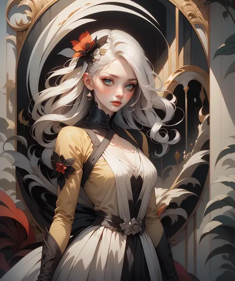 (masterpiece), (best quality), (vibrant light colors), intricate pattern, <lora:AnzhcDreamwave v3_1 watermark fix:0.5> anzhcdreamwave, aesthetic, canvas with red paint, 1girl, white hair, pale, creativity, white dress, hair ornament, dreamlike, (blurry bac...