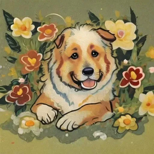 painting of a dog laying in a field of flowers with a smile