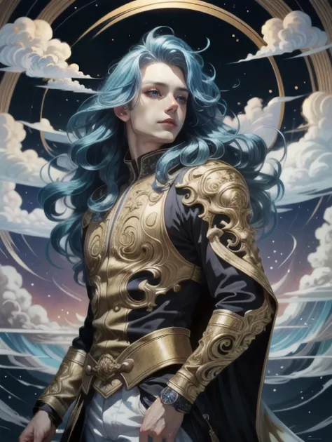 a woman with blue hair and a gold armor standing in front of a sky