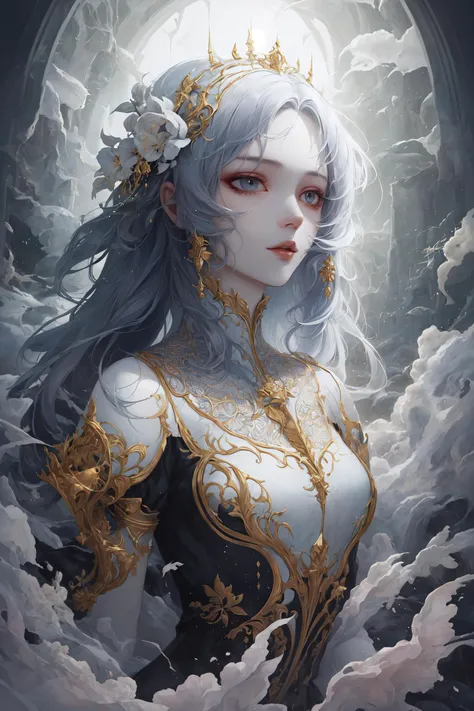 a woman with long hair and a crown in the clouds