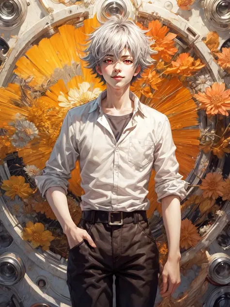 anime boy with white hair and glasses standing in front of a yellow flower