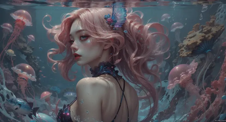 a close up of a woman with pink hair and a fish tank